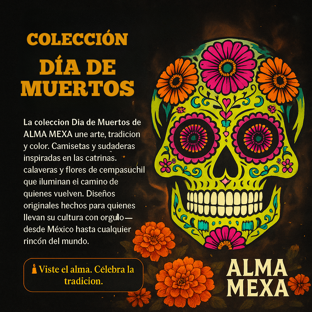 Descubre la colección Día de Muertos de Alma Mexa: camisetas y sudaderas con diseño mexicano, inspiradas en catrinas, calaveras y flores de cempasúchil.